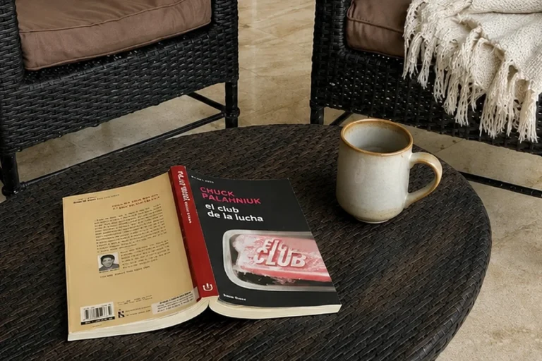 Libro El club de la lucha sobre una mesa de mimbre junto a una taza de café con leche en una zona de lectura exterior.