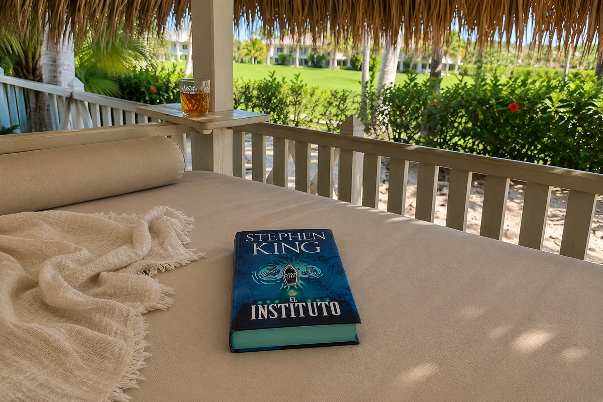 Libro El Instituto de Stephen King sobre una cama exterior bajo una palapa, con jardín tropical al fondo.