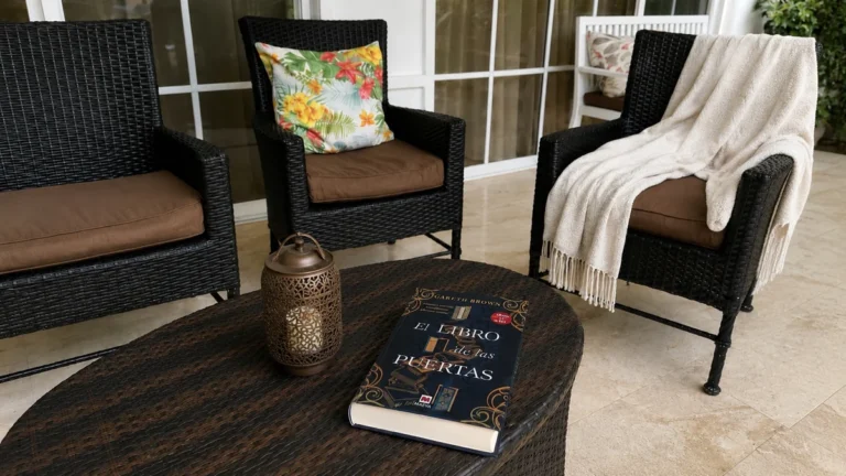 Libro El libro de las puertas sobre una mesa de mimbre en un porche con sillones negros y una manta clara.