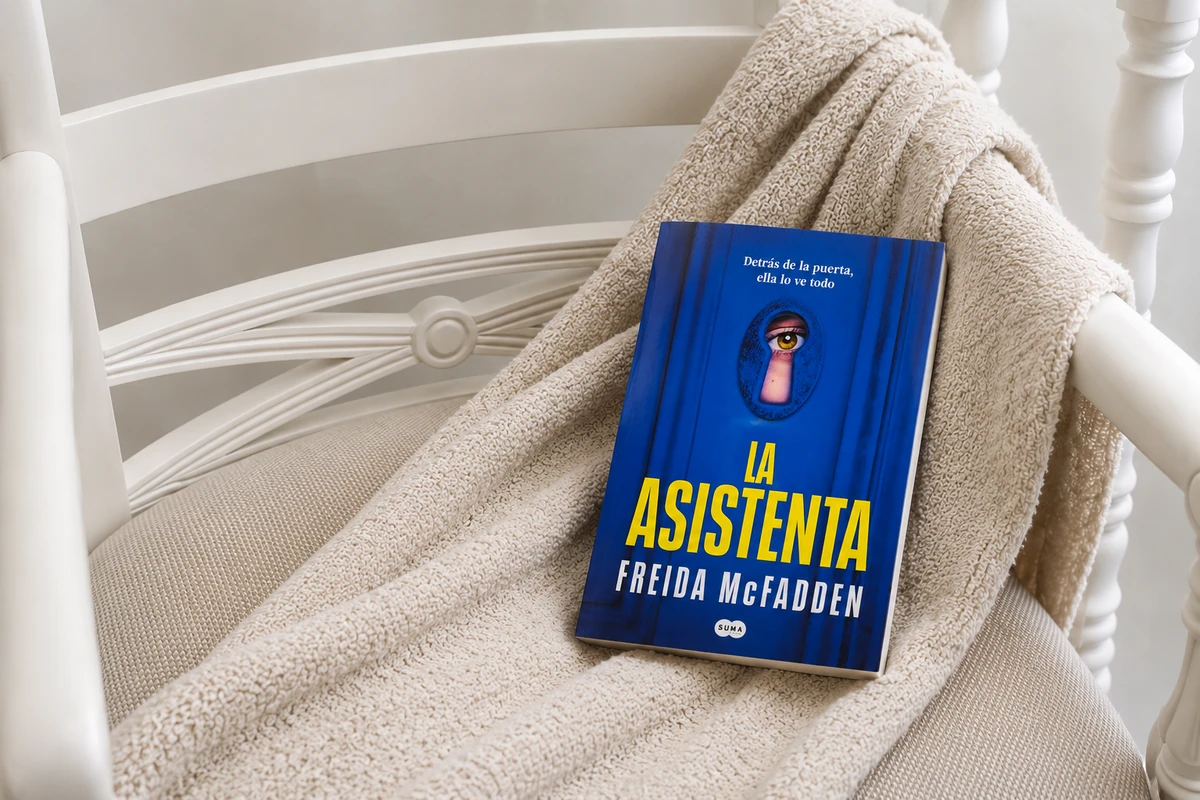 Libro La asistenta, de Freida McFadden, apoyado sobre una manta clara en una silla blanca.