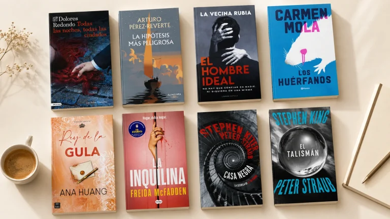 Collage de libros próximos a publicarse, con portadas de Stephen King, Freida McFadden, Carmen Mola, Ana Huang, La Vecina Rubia, Arturo Pérez-Reverte y Dolores Redondo sobre una mesa cálida de lectura.