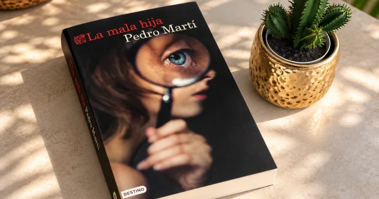 Ejemplar de La mala hija, de Pedro Martí, junto a una pequeña planta sobre una mesa.